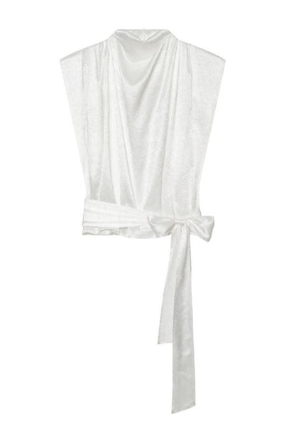 L'Aura Padded-Shoulder Wrap-Around Satin Top