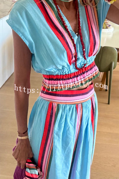 Stylish Striped Print V-neck Cropped Top and Elastic Waist Casual Maxi Skirt Set