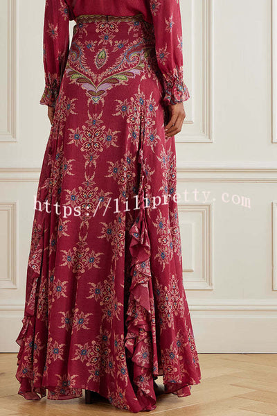 Unique Printed Chiffon Long-sleeved Loose Shirt and Elegant Ruffled Maxi Skirt Set