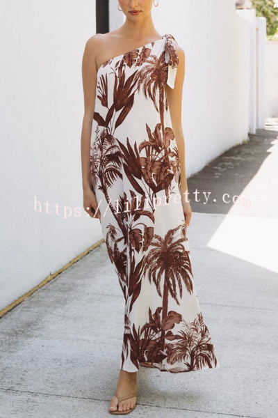 Botanical Print Sleeveless One-shoulder Casual Vacation Maxi Dress