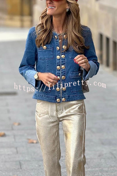 Fashionable for Fall Denim Metal Buttons Pocket Relaxed Jacket