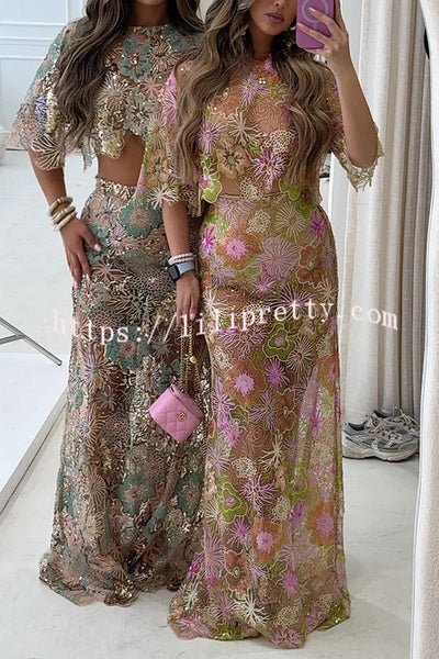 Fashionable Embroidered Flower Sequined Crop Top and Elegant Sheer Maxi Skirt Set