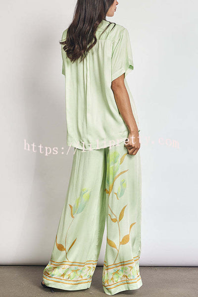Niah Satin Tulip Print Lapel Short Sleeve Shirt and Elastic Waist Tie Pocket Wide Leg Pants Set