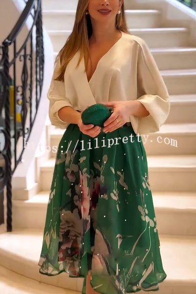 Tessy Batwing Sleeve Top and Floral Elastic Waist Pearls Detail High Low Midi Skirt Set