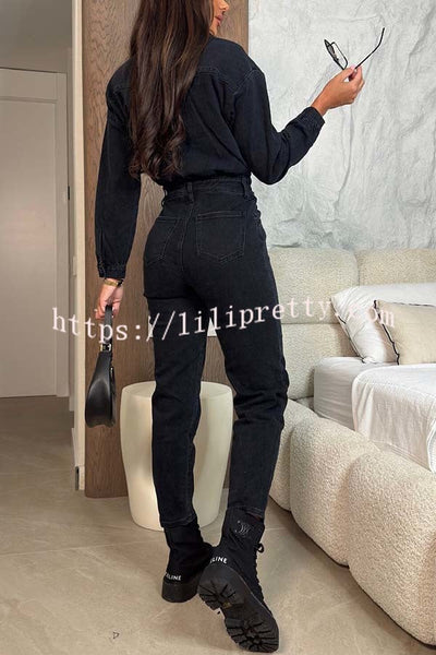Downtown Diva Denim Button Up Long Sleeve Pocket Shirt Overalls Jumpsuit