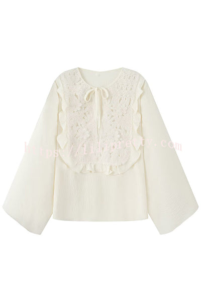 Fashionable Round Neck Tie Hollow Stitching Casual Shirt