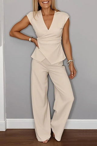 Solid Color V-neck Metal Buttoned Pleated Top and Casual Straight Pants Set