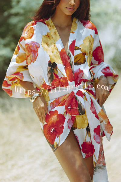 Marielle Linen Blend Floral Print Dolman Sleeve Wrap Loose Mini Dress