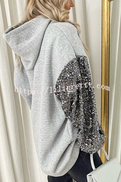 Solid Color Sequined Long Sleeve Loose Hooded Sweatshirt