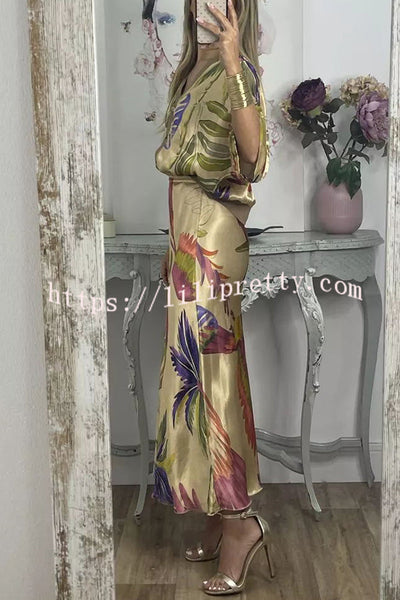 Palm Beach Satin Printed Button Wide Sleeve Shirt and Elastic Waist Maxi Skirt Set