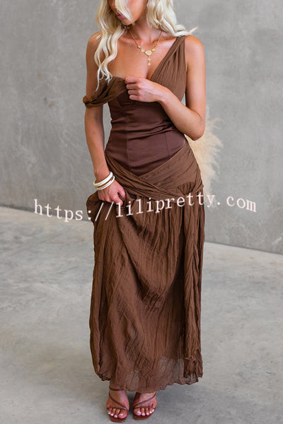 Zariyah Satin Bodice Asymmetric Neck Tie-up Waist Chiffon Hem Maxi Dress