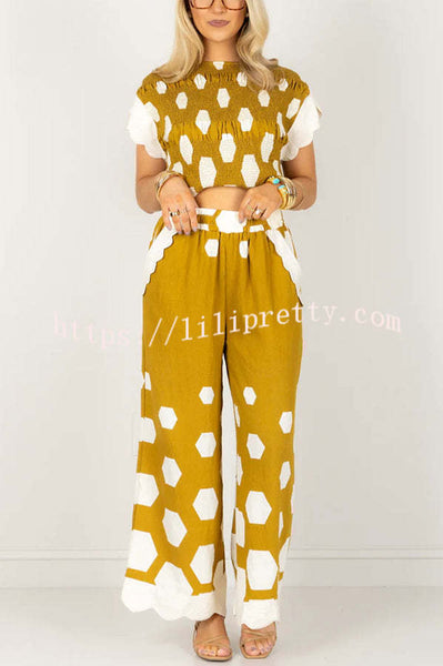 Tied To Charm Polka Dot Smocked Short Sleeve Top And Elastic Waist Pocket Loose Pants Set