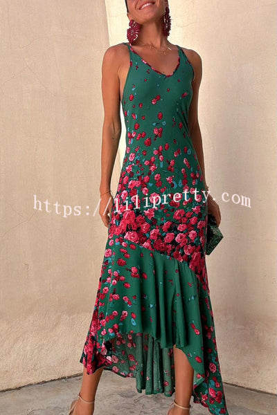 Falling Flowers Printed Back Lace-up Fishtail Stretch Maxi Dress