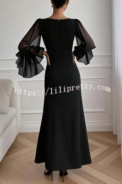 Solid Color V-neck Flared Long Sleeve Elegant High Slit Maxi Dress