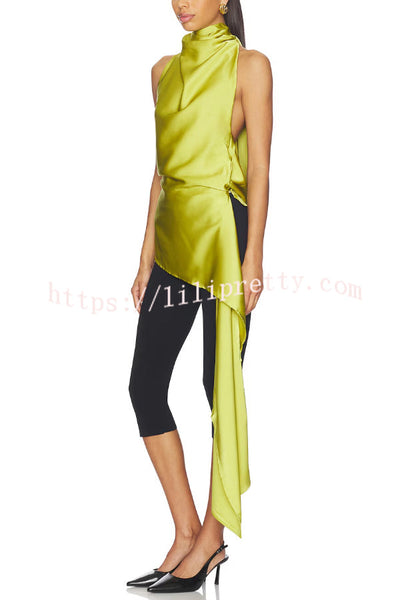 Misty Aura Satin Halter Tie-up Neck Open Back Drape Hem Top