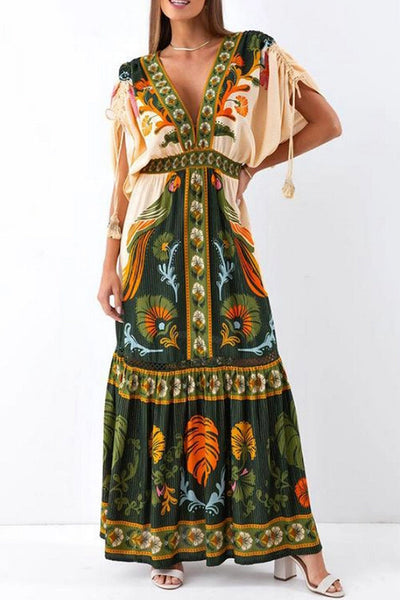 Ethnic Retro Plant Print V-neck High Waist Maxi Dress