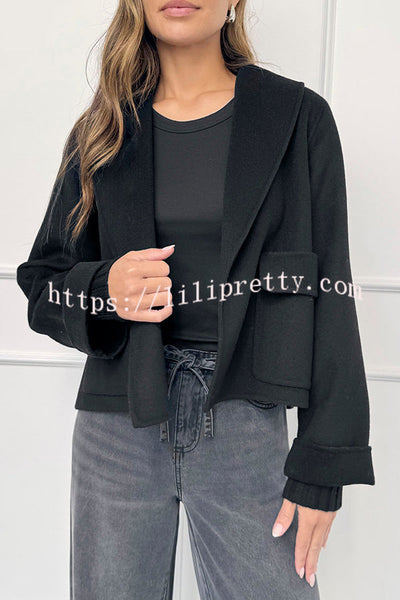 Comfortable Season Shawl Collar Open-front Long Sleeve Flap Pockets Crop Coat