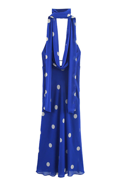 Fashion Polka Dot Print Sexy Halter Neck Backless Maxi Dress