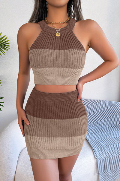 Fashionable Gradient Knitted Sleeveless Top and Elastic Slim Hip Skirt Set