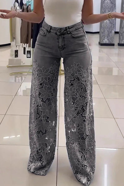 Fashion Hollow Lace Stitching Casual Pocket Denim Wide-leg Pants