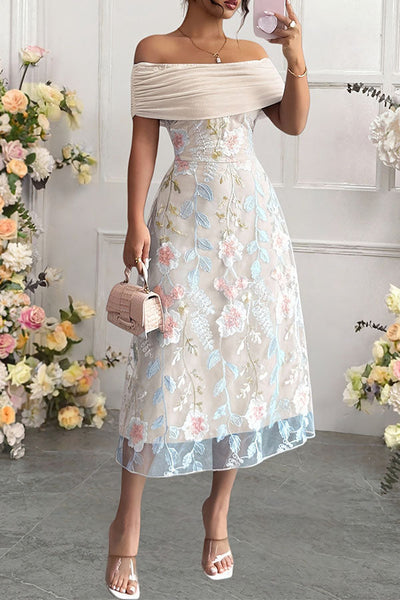 Elegant Ruched Off-Shoulder Floral Appliqué Midi Dress