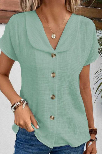 Solid Color Lapel Short Sleeve Casual Button Top