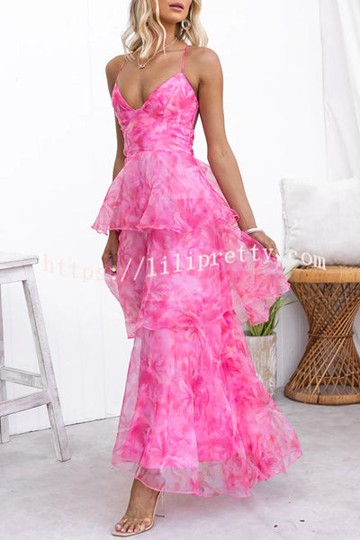 Elinor Chiffon Floral Print Elastic Back Lace-up Ruffle Maxi Dress
