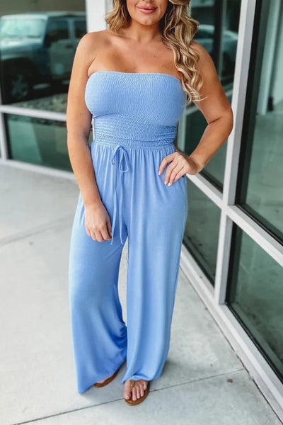Solid Color Sleeveless Off-shoulder Pleated Loose Pocket Casual Wide-leg Jumpsuit