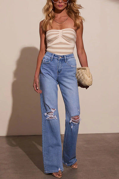 Fashion Raw Edge Ripped Casual Pocket Stretch Straight Jeans