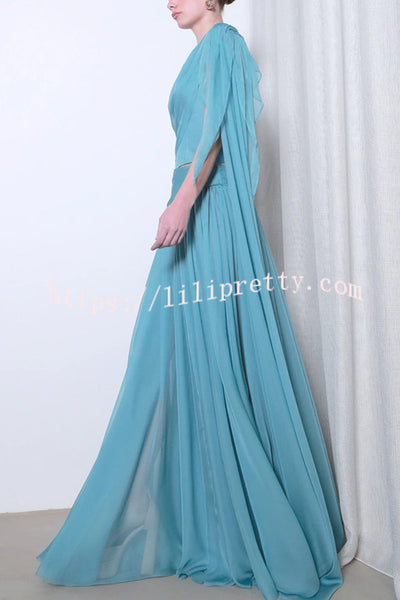 Solana Draped Sheer Cape Top and High Waist Pleated Slit Maxi Skirt Set