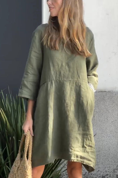 Linen Blend Solid Loose Casual Pocket Mini Dress