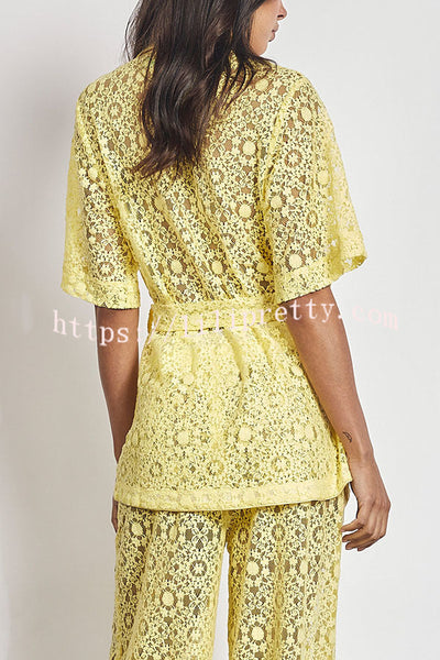 The Sun Shines Floral Lace Button Up Belted Lapel Loose Shirt
