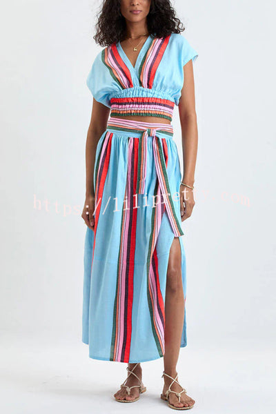 Stylish Striped Print V-neck Cropped Top and Elastic Waist Casual Maxi Skirt Set