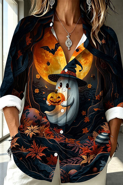 Halloween Shirt Featuring A Pattern of Little Ghosts and Jack-o'-lanterns.
