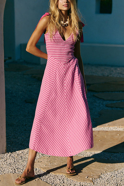 Striped Print V-Neck Lace-Up Backless Holiday Midi Dress
