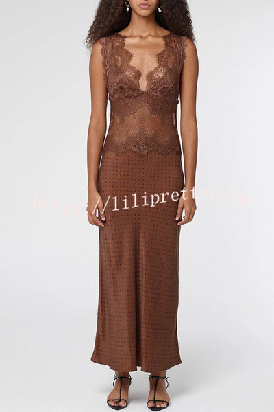 Wonderful Fusion Satin Lace Trim Poka Dot V-neck Drape Maxi Dress