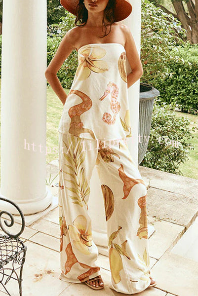 Island Time Linen Blend Unique Print Strapless Top and Elastic Waist Pocket Loose Pants Set