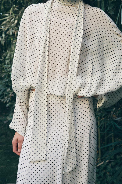 Seraphina Flowing Lantern-Sleeve Polka Dot Blouse
