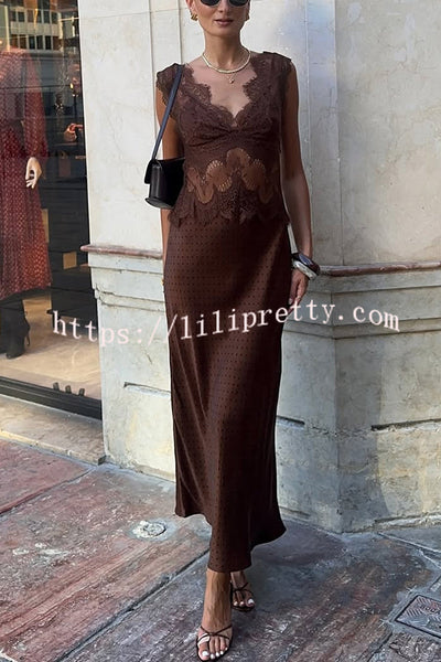 Wonderful Fusion Satin Lace Trim Poka Dot V-neck Drape Maxi Dress