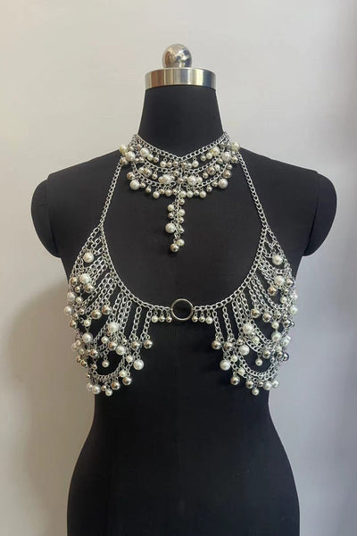 Fashionable Pearl Metal Chain Halter Neck Body Chain