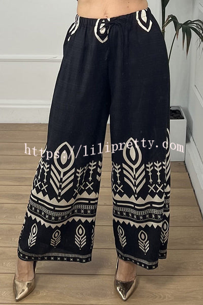Unique Print Elastic Waist Casual Pocket Wide Leg Pants