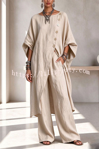 Asymmetrical Buttons Wide Sleeve Slit Midi Shirt and Pocketed Wide Leg Pants Set