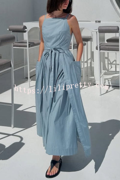 Solid Color Sleeveless Side Slit Tie-up Casual Vacation Pocket Maxi Dress