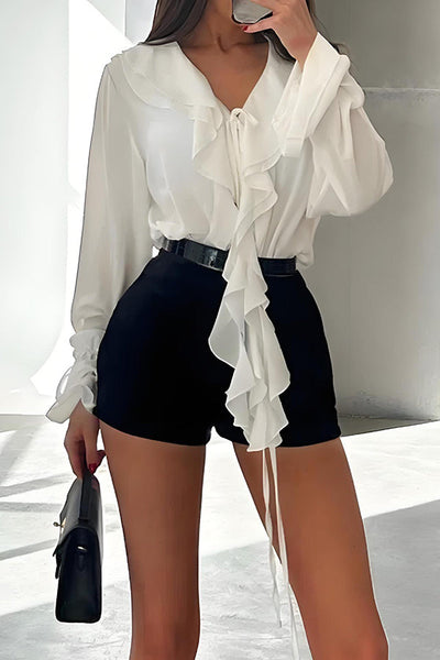 Fashion V-neck Ruffled Flared Long-sleeved Casual Shirt