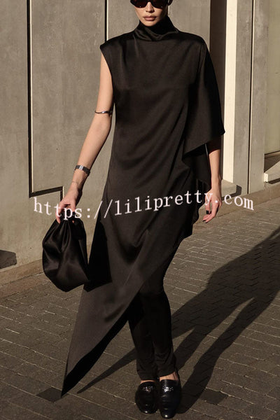 Kallena Satin High Neck Irregular Sleeves Midi Top and High Rise Pocket Loose Pants Set