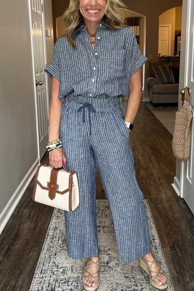 Fashion Striped Print Lapel Short-sleeved Shirt and Elastic Waist Pocket Casual Pants Set