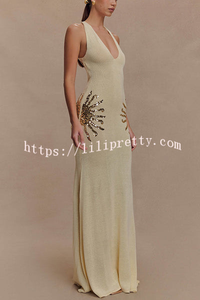 Sparkling Nights Knit Sunburst Sequin Detail Back Cross Straps Stretch Maxi Dress