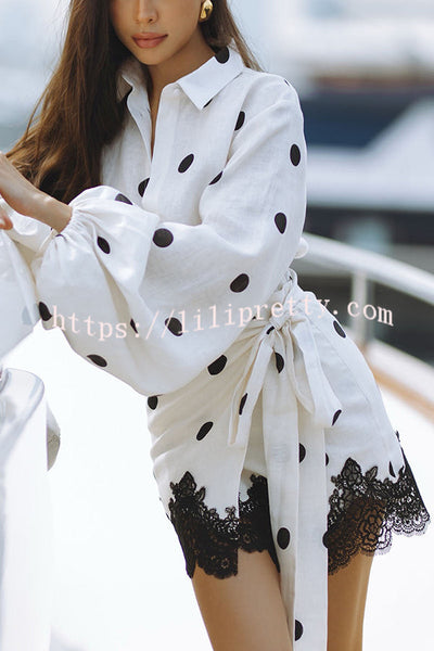 Lulabell Linen Blend Polka Dot Lantern Sleeve Shirt and Warp Tie-up Lace Trim Skirt Set