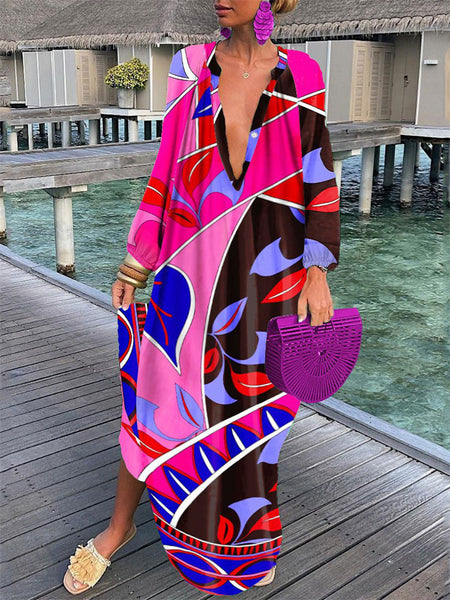 Fashion Painting Print V-neck Colorful Single-row Multi-button Button Loose Long-sleeved Long Oversized Hem Dress Dress Women