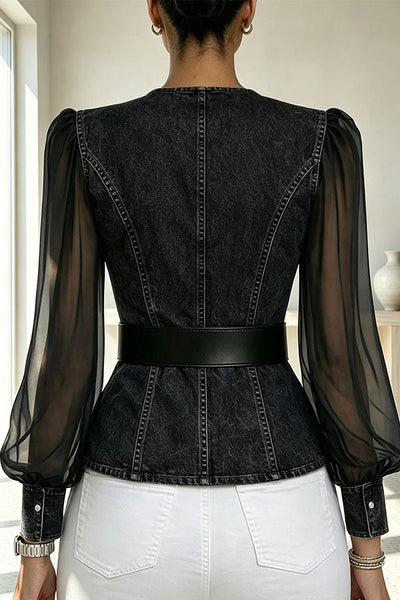 Faux Denim & Sheer Tulle Sculpted Crossover Blouse